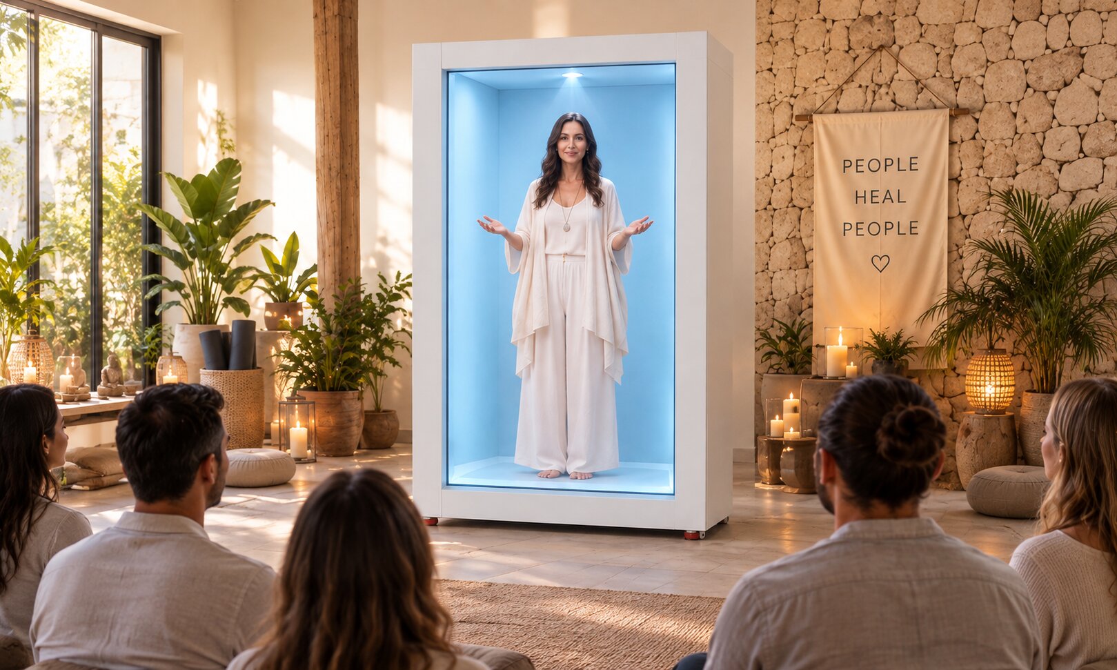 Workshop and retreat guests watching a facilitator appear life-size through Feelspace